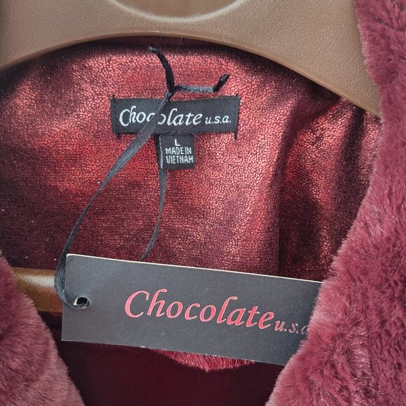 Wine Burgundy soft stretch foiled faux fur cropped moto jacket Women's Large NWT - Picture 6 of 6